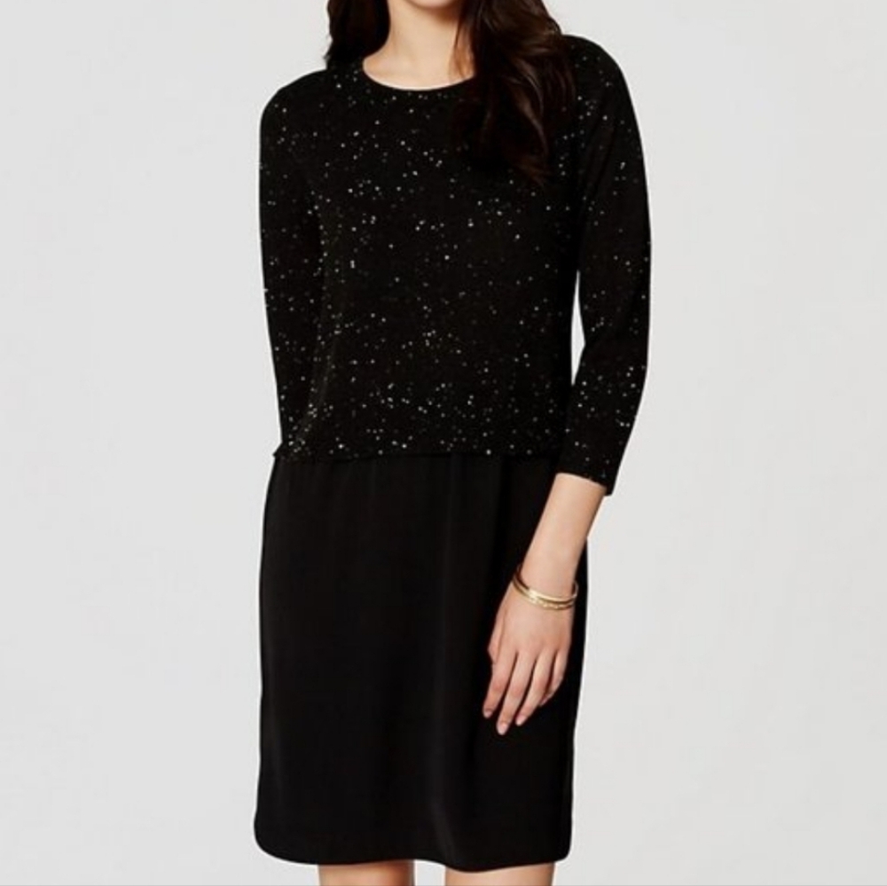LOFT Speckled Black Mixed Media Dress Medium Petite New
